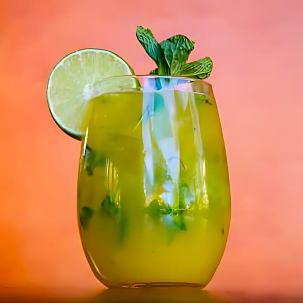 Refreshing Sonrisa Grill mojito with lime and mint garnish against a vibrant orange background.
